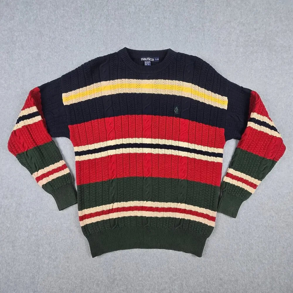 Vintage Nautica Sweater Mens Large Stripe Cable Knit Crew Neck Navy Multi Color - Picture 3 of 16